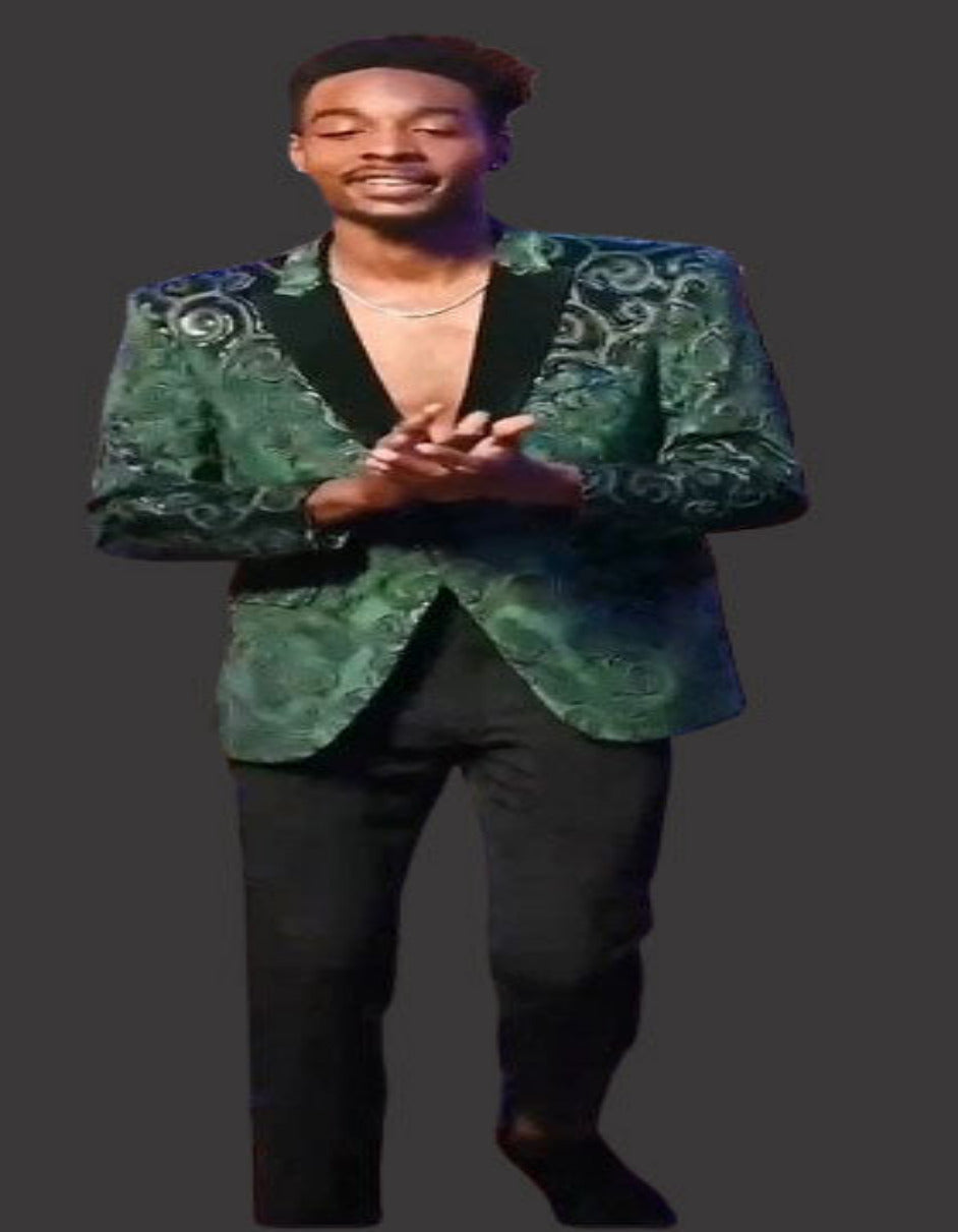 Mens Emerald Green Paisley Blazer With Black Lapel - Velvet Fabric Wedding Tuxedo Dinner Jacket 1   - from alligatorwarehouse.com