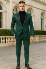 Mens Emerald Green Shiny Stripe Tuxedo Suit – Slim Fit 2-Piece Satin Lapel Dinner Jacket and Pants Ultra slim fit