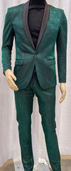Mens Emerald Green Shiny Stripe Tuxedo Suit – Slim Fit 2-Piece Satin Lapel Dinner Jacket and Pants Ultra slim fit