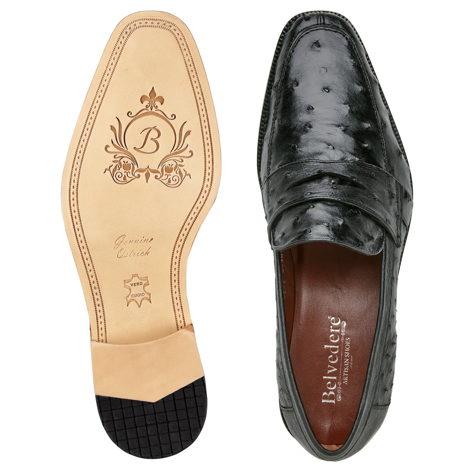 Men's Belvedere Espada Ostrich Quill Penny Loafer Dress Shoe in Black 4 MEN 02440 BLACK-M-09  - from alligatorwarehouse.com