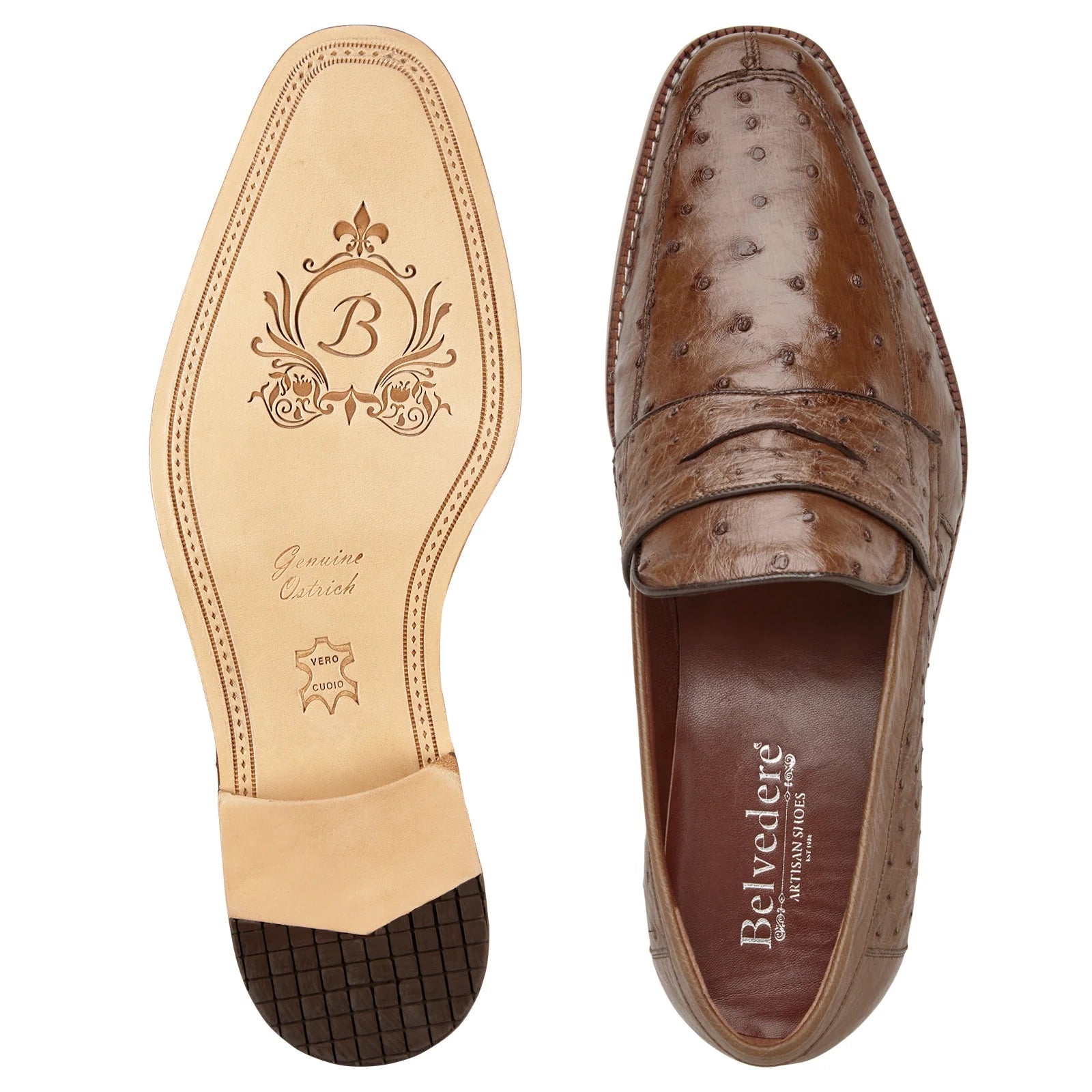 Men's Belvedere Espada Ostrich Quill Penny Loafer Dress Shoe in Brown 3 MEN 02440 TABAC-M-09  - from alligatorwarehouse.com