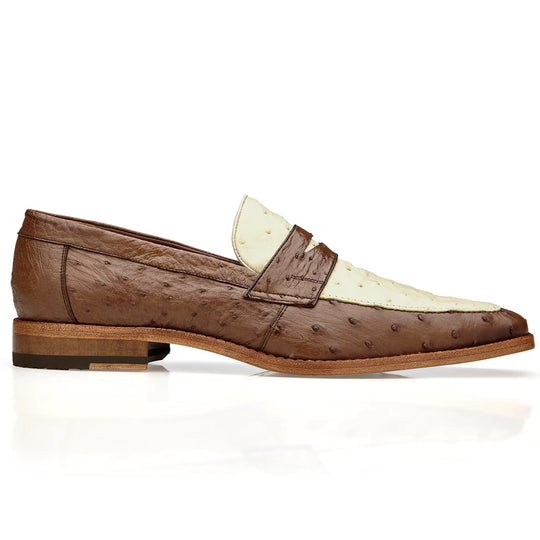 Men's Belvedere Espada Ostrich Quill Penny Loafer Dress Shoe in Brown & Ivory 1 MEN 02440 TABAC/BONE-M-09  - from alligatorwarehouse.com