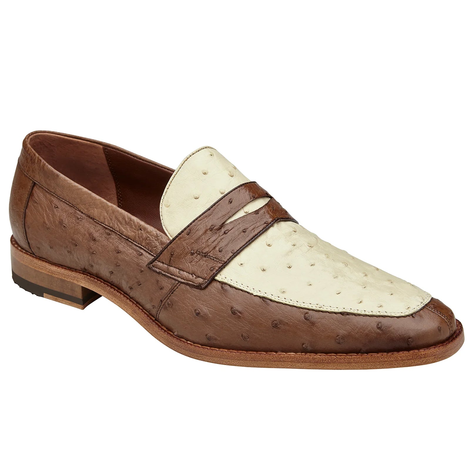 Men's Belvedere Espada Ostrich Quill Penny Loafer Dress Shoe in Brown & Ivory 3 MEN 02440 TABAC/BONE-M-09  - from alligatorwarehouse.com