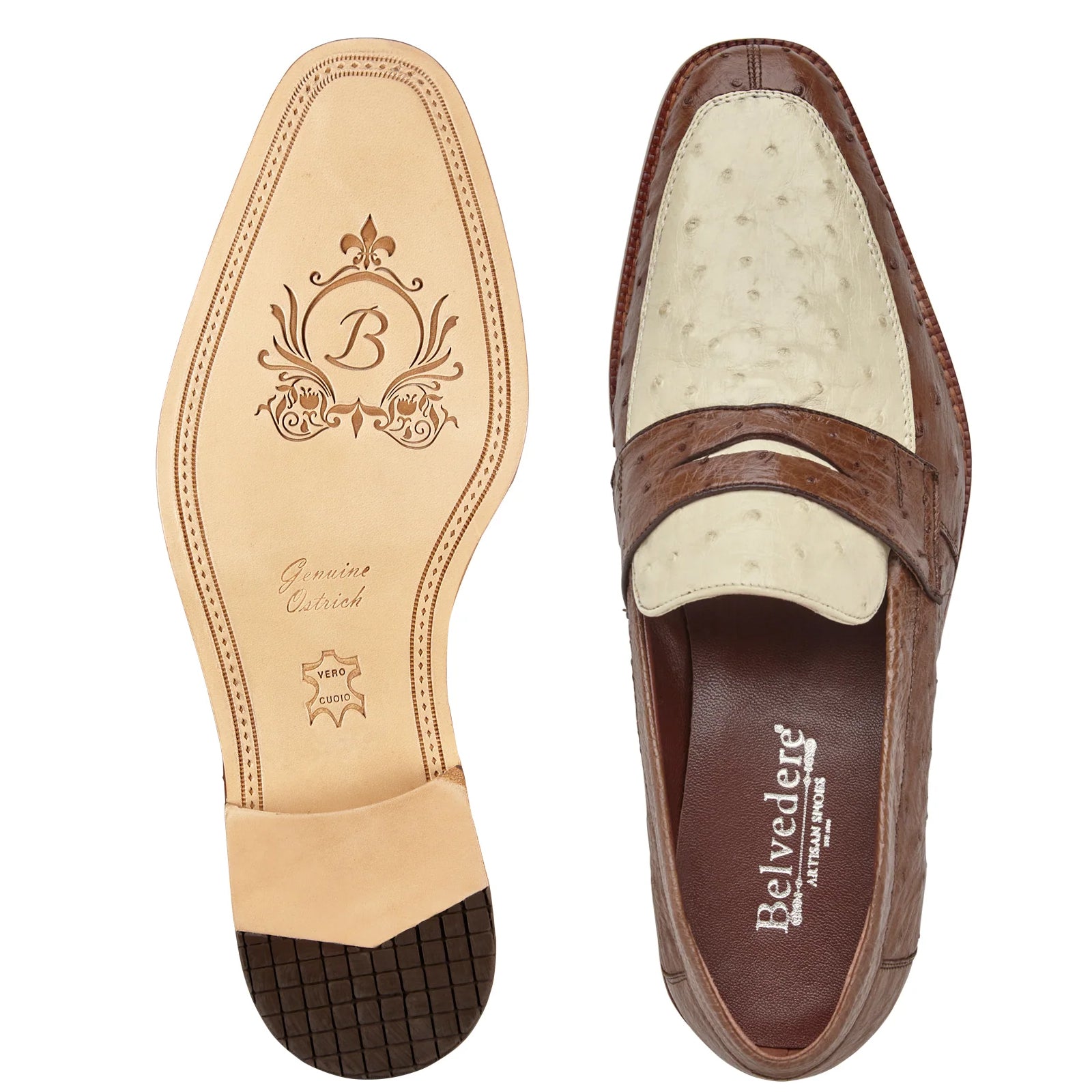 Men's Belvedere Espada Ostrich Quill Penny Loafer Dress Shoe in Brown & Ivory 4 MEN 02440 TABAC/BONE-M-09  - from alligatorwarehouse.com