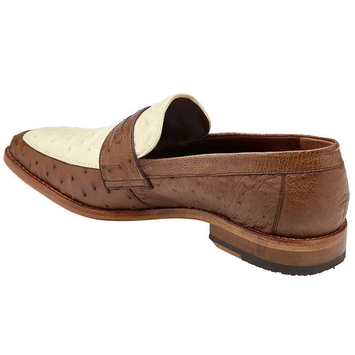 Men's Belvedere Espada Ostrich Quill Penny Loafer Dress Shoe in Brown & Ivory 2 MEN 02440 TABAC/BONE-M-09  - from alligatorwarehouse.com
