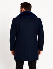 Mens Navy Wool Overcoat with Royal Blue Faux Fur Shawl Collar Cashmere Carcoat
