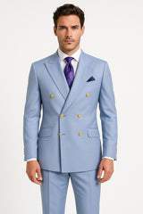 Mens Light Blue Double-Breasted Suit with Gold Buttons ƒ?? Slim Fit 2-Piece Formal Set in Sky Blue Color