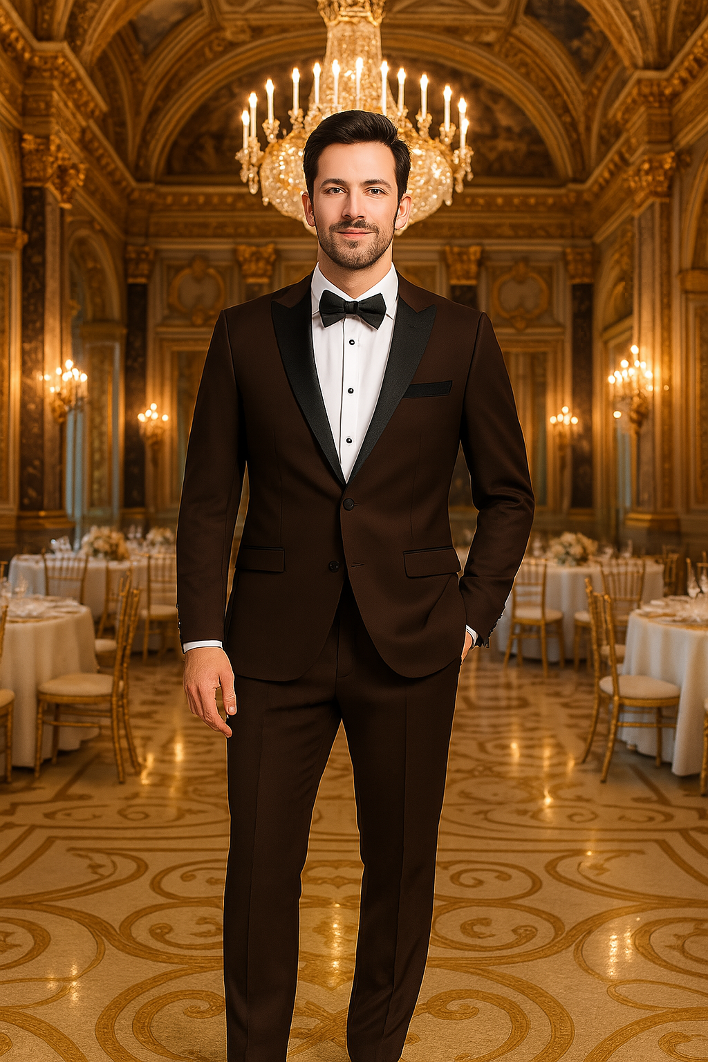 Mens Chocolate Brown Tuxedo with Black Satin Peak Lapel – Formal Wedding and Prom Suit