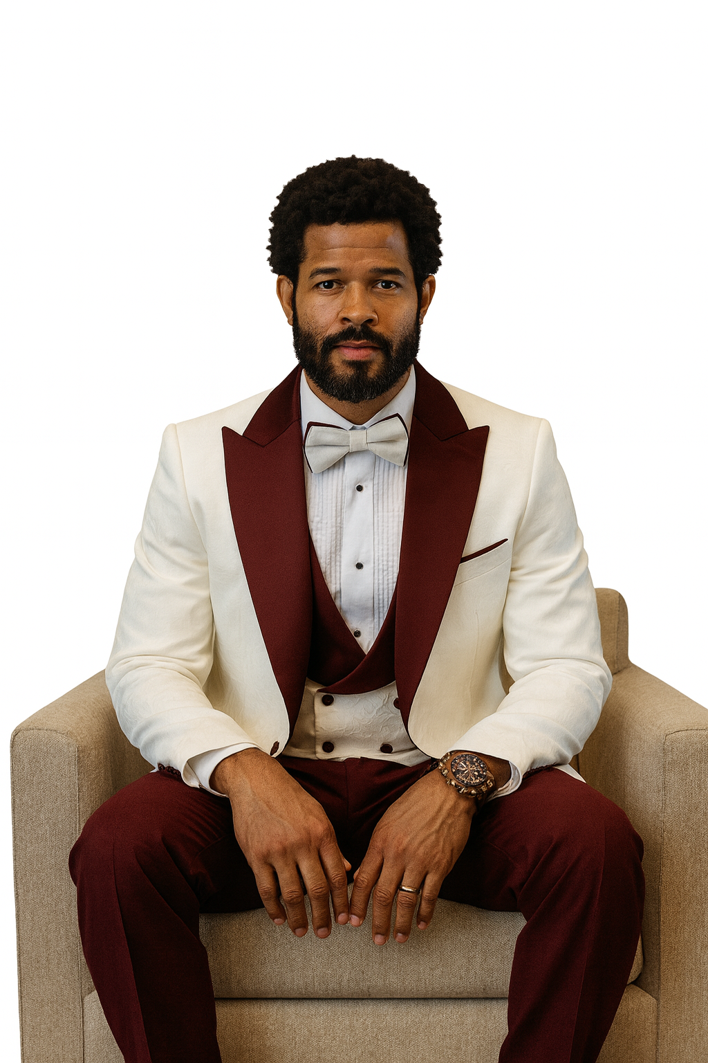 Hilton White and Burgundy Paisley Peak Lapel Tuxedo Jacket with Matching Shawl Vest and Wool Pants – Includes Bow Tie 5   - from alligatorwarehouse.com