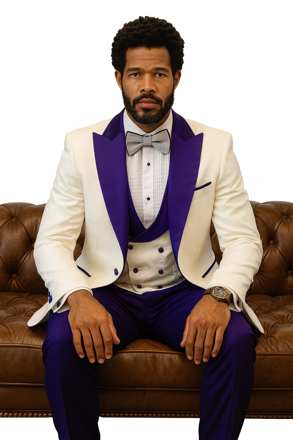 Hilton White and Purple Paisley Peak Lapel Tuxedo Jacket with Matching Shawl Vest and Wool Pants – Includes Bow Tie 7   - from alligatorwarehouse.com