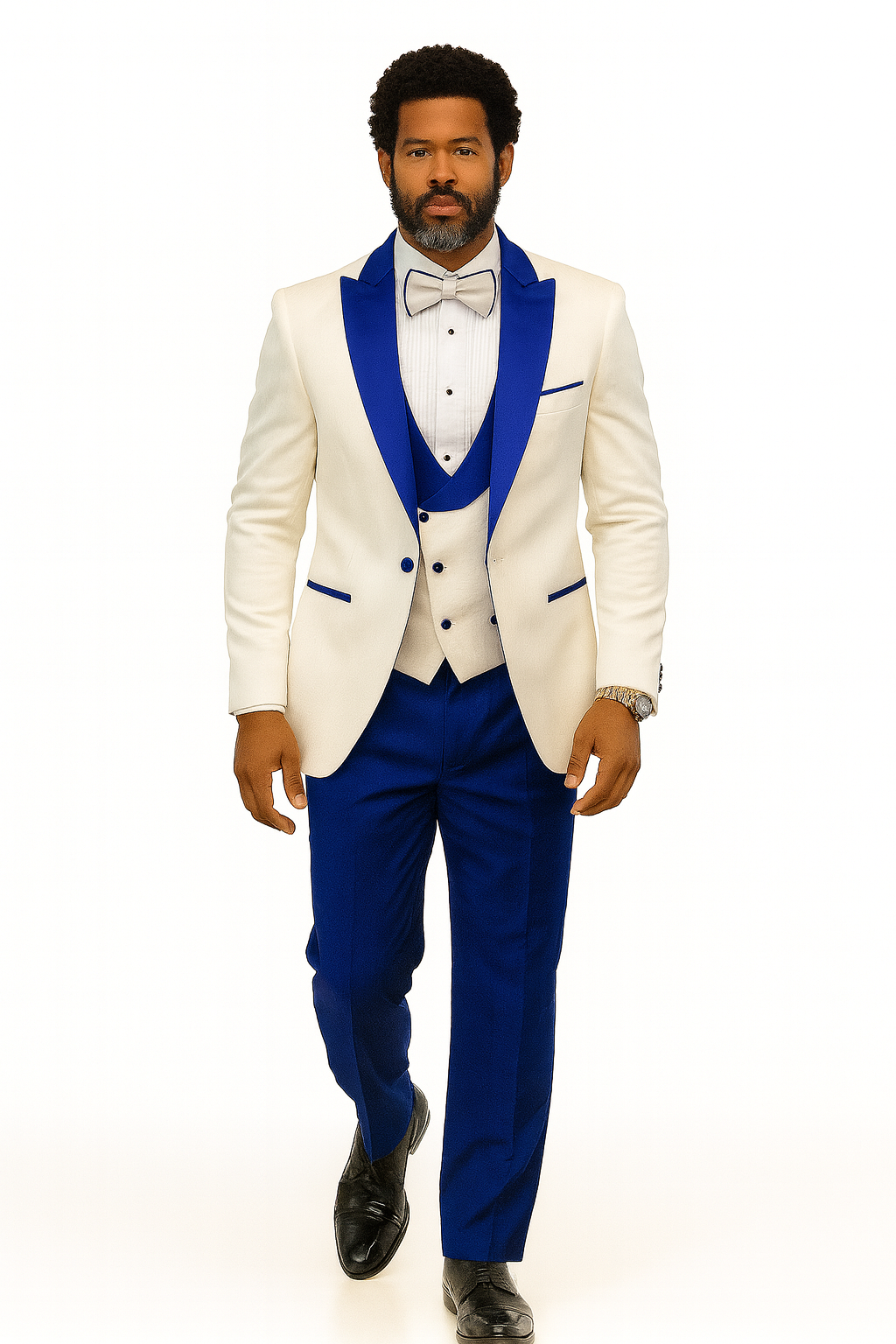 Hilton White and Royal Blue Paisley Peak Lapel Tuxedo Jacket with Matching Shawl Vest and Wool Pants – Includes Bow Tie 7   - from alligatorwarehouse.com