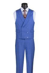 French Blue Modern Fit 3-Piece Suit with Lapel Vest & Adjustable Pants