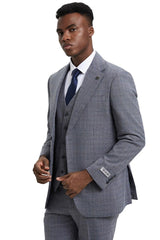 Men's Stacy Adams Modern Fit Vested Suit in Light Grey Micro Check Plaid