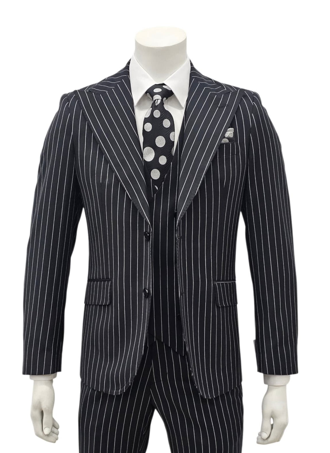 Black Pinstripe Slim Fit 3-Piece Suit — front view