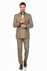 Mens Classic Wool Feel Double Breasted Glen Plaid Suit in Tan