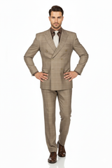 Mens Classic Wool Feel Double Breasted Glen Plaid Suit in Tan