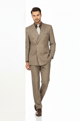 Mens Classic Wool Feel Double Breasted Glen Plaid Suit in Tan