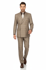 Mens Classic Wool Feel Double Breasted Glen Plaid Suit in Tan