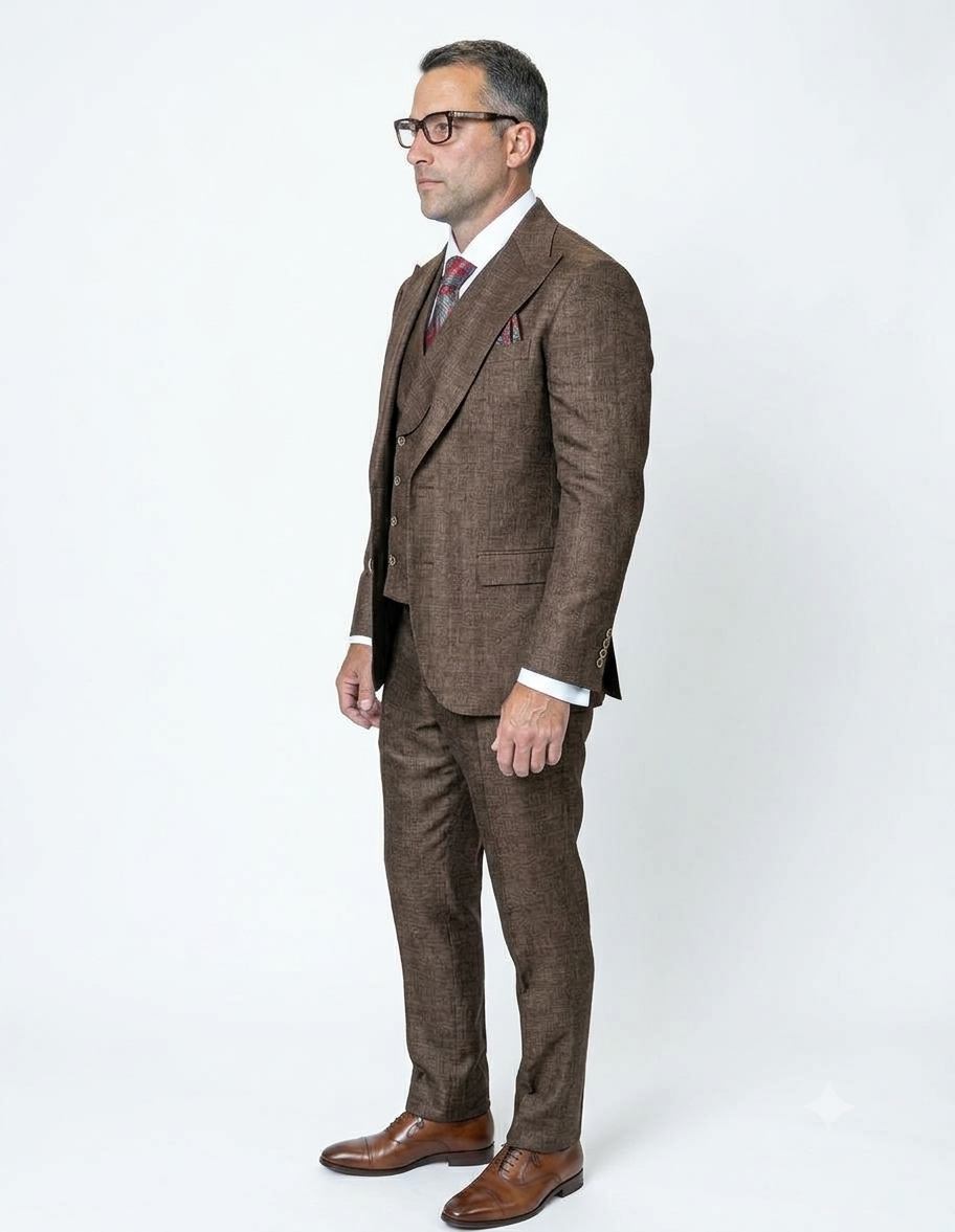 Mens Ticket Pocket Peak Lapel Double breasted Vest 100% Wool Tom Ford Style Modern Fit in Color "Brown" By Statement