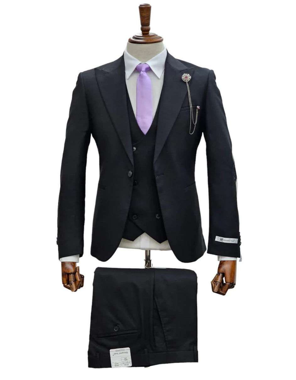 Giovanni Testi Suits With Double Breasted Vest - 3 Pieces Black Peak Lapel Suit 1   - from alligatorwarehouse.com