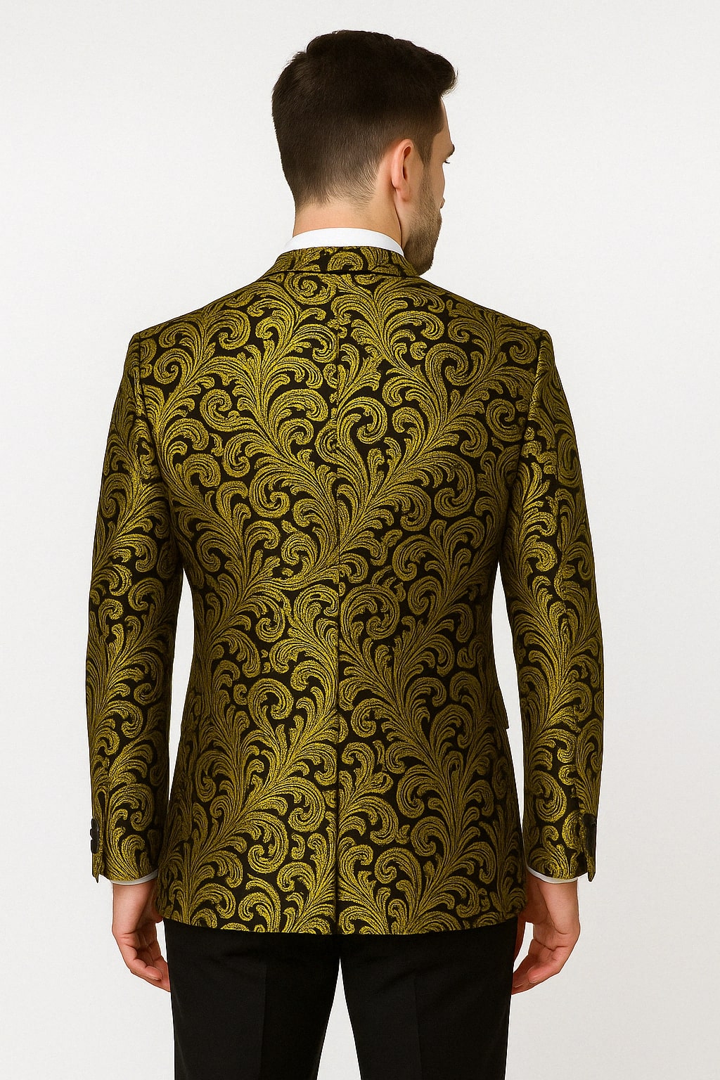 Mens Goldish Yellow and Black Paisley Tuxedo Blazer with Matching Bow Tie with Black Pants Mens Goldish Yellow and Black Paisley Tuxedo Blazer with Matching Bow Tie with Black Pants