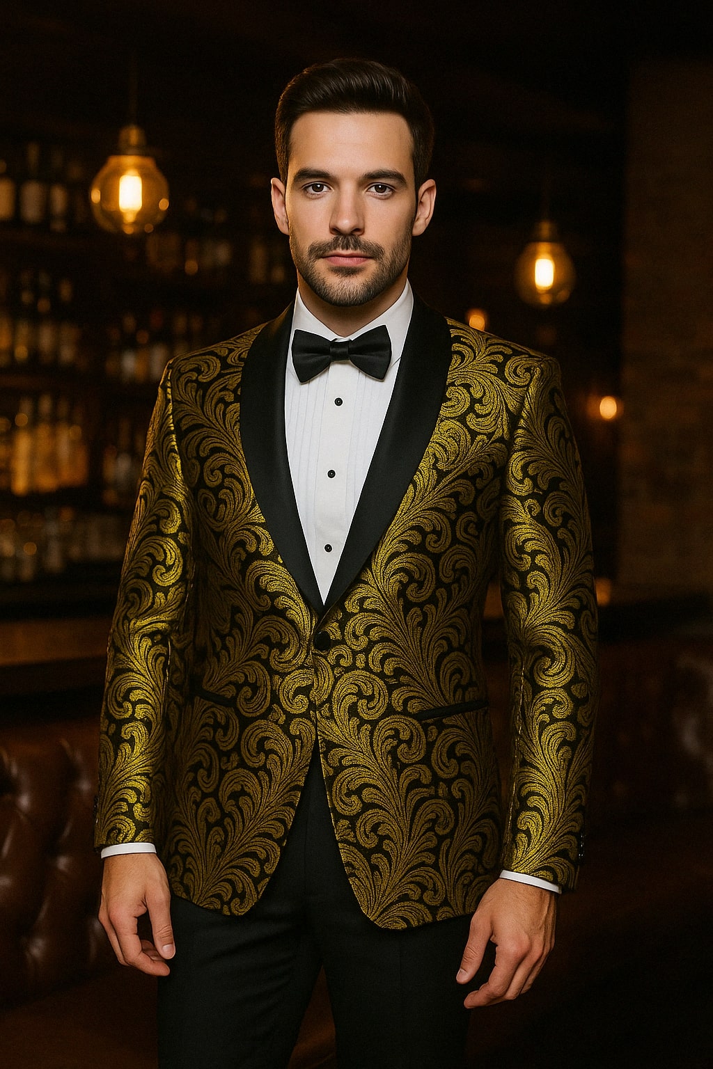 Mens Goldish Yellow and Black Paisley Tuxedo Blazer with Matching Bow Tie with Black Pants Mens Goldish Yellow and Black Paisley Tuxedo Blazer with Matching Bow Tie with Black Pants