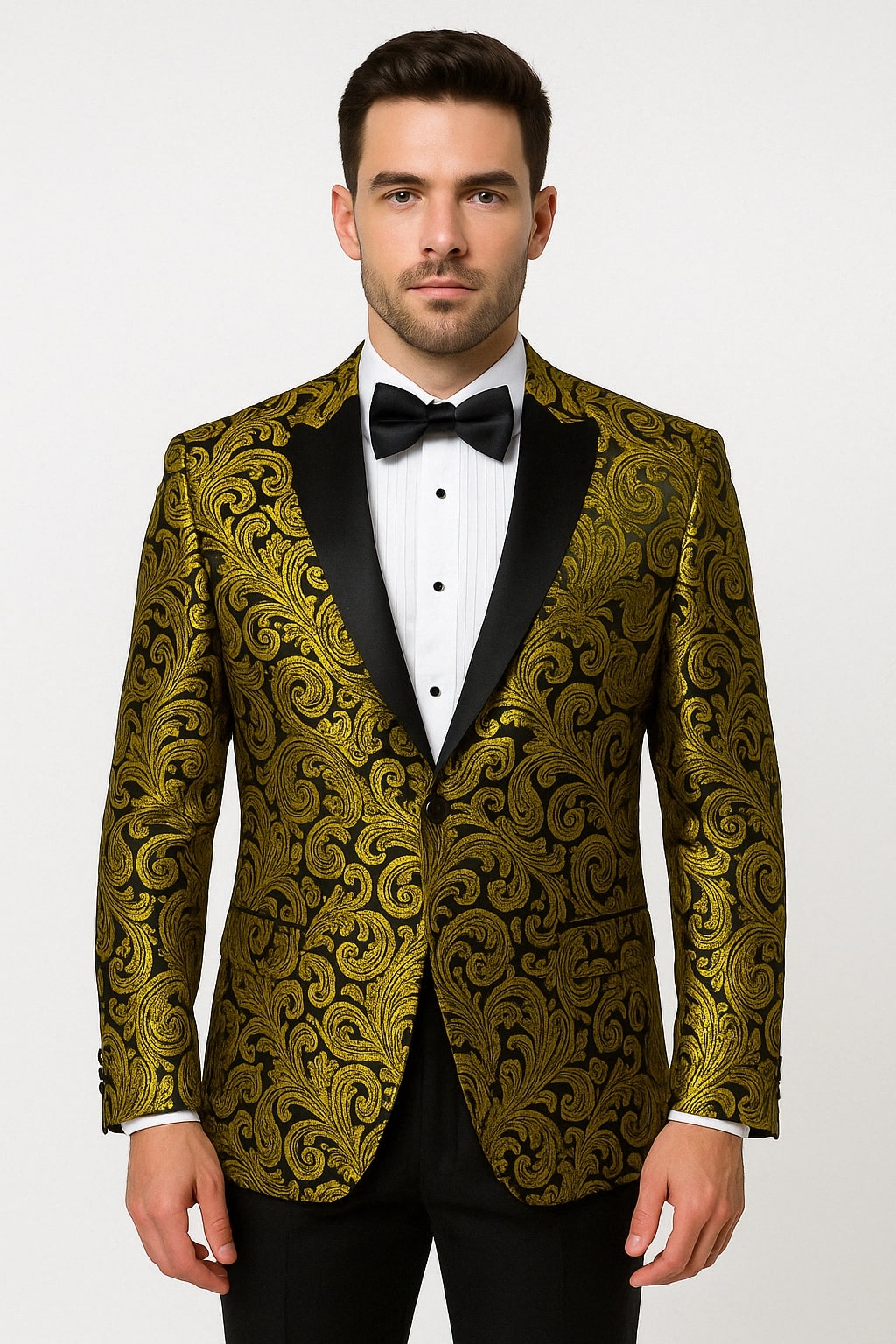 Mens Goldish Yellow and Black Paisley Tuxedo Blazer with Matching Bow Tie with Black Pants Mens Goldish Yellow and Black Paisley Tuxedo Blazer with Matching Bow Tie with Black Pants