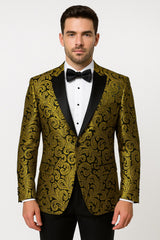 Mens Goldish Yellow and Black Paisley Tuxedo Blazer with Matching Bow Tie with Black Pants
