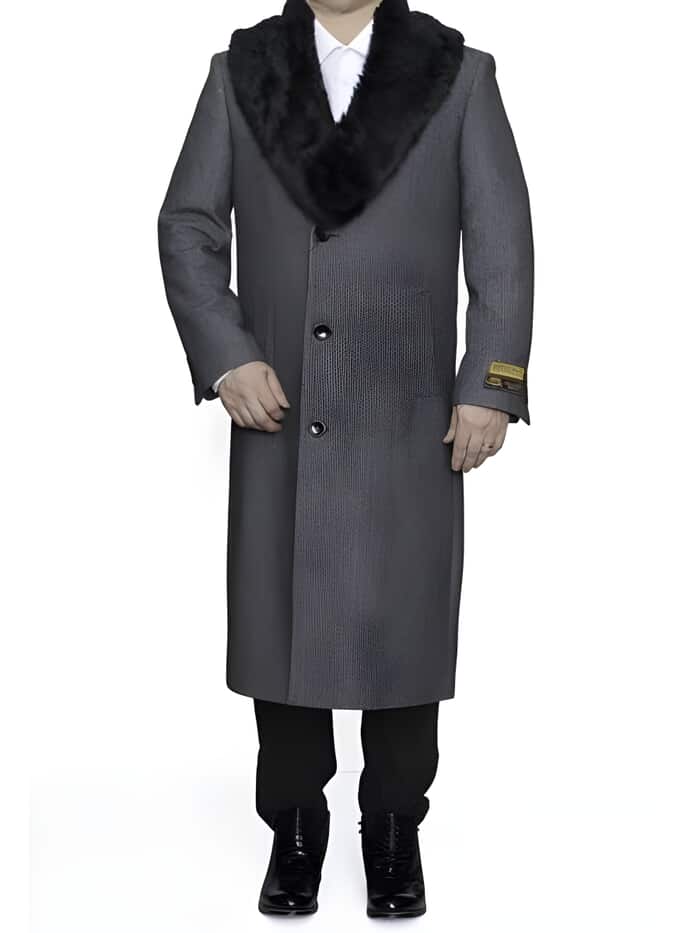 Removable Ankle length Fur Collar Full Length Gray Wool Herringbone ~ Overcoat 1920s 1940s men's Fashion Vintage Style - Mens Topcoat 1   - from alligatorwarehouse.com