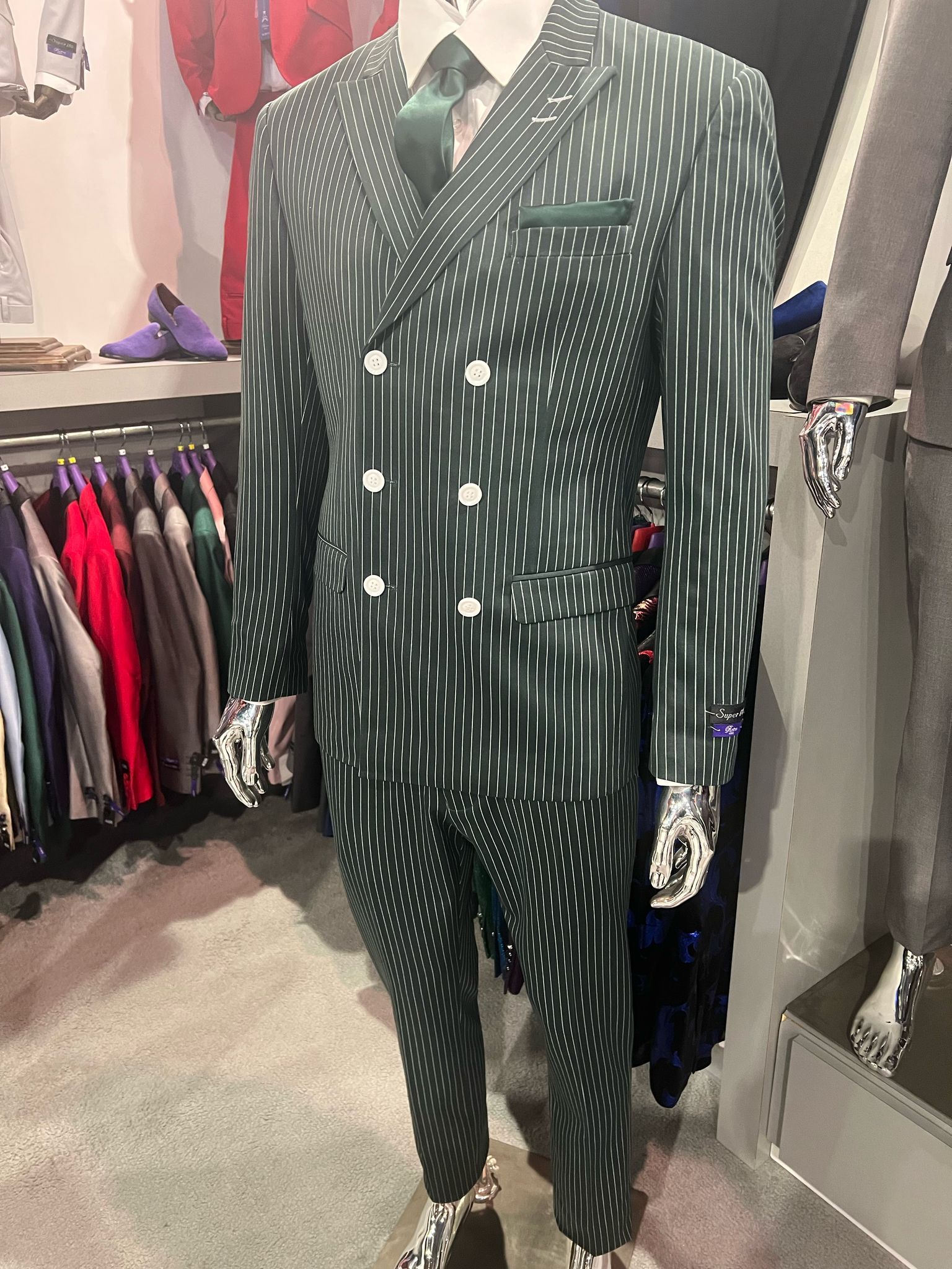 Mens Green Pinstripe Double-Breasted Suit – Slim Fit 2 Piece Formal Business Suit with Peak Lapel 1920s Gangster Pinstripe 2   - from alligatorwarehouse.com