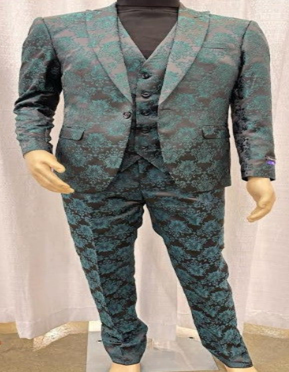 Mens Green and Black Brocade Tuxedo Suit ƒ?? 3 Piece Floral Jacquard Outfit for Weddings and Formal Events - Slim Fitted