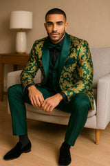 Mens Green and Gold Embroidered Tuxedo – 3-Piece Prom Suit