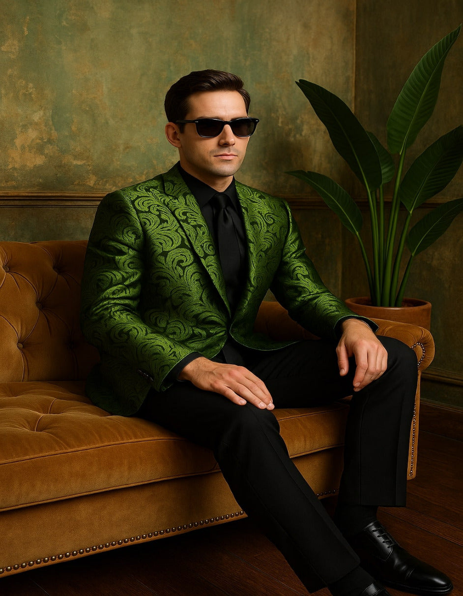 Men's Green Paisley Tuxedo Blazer – Luxury Slim Fit Dinner Jacket for Formal Events 1   - from alligatorwarehouse.com