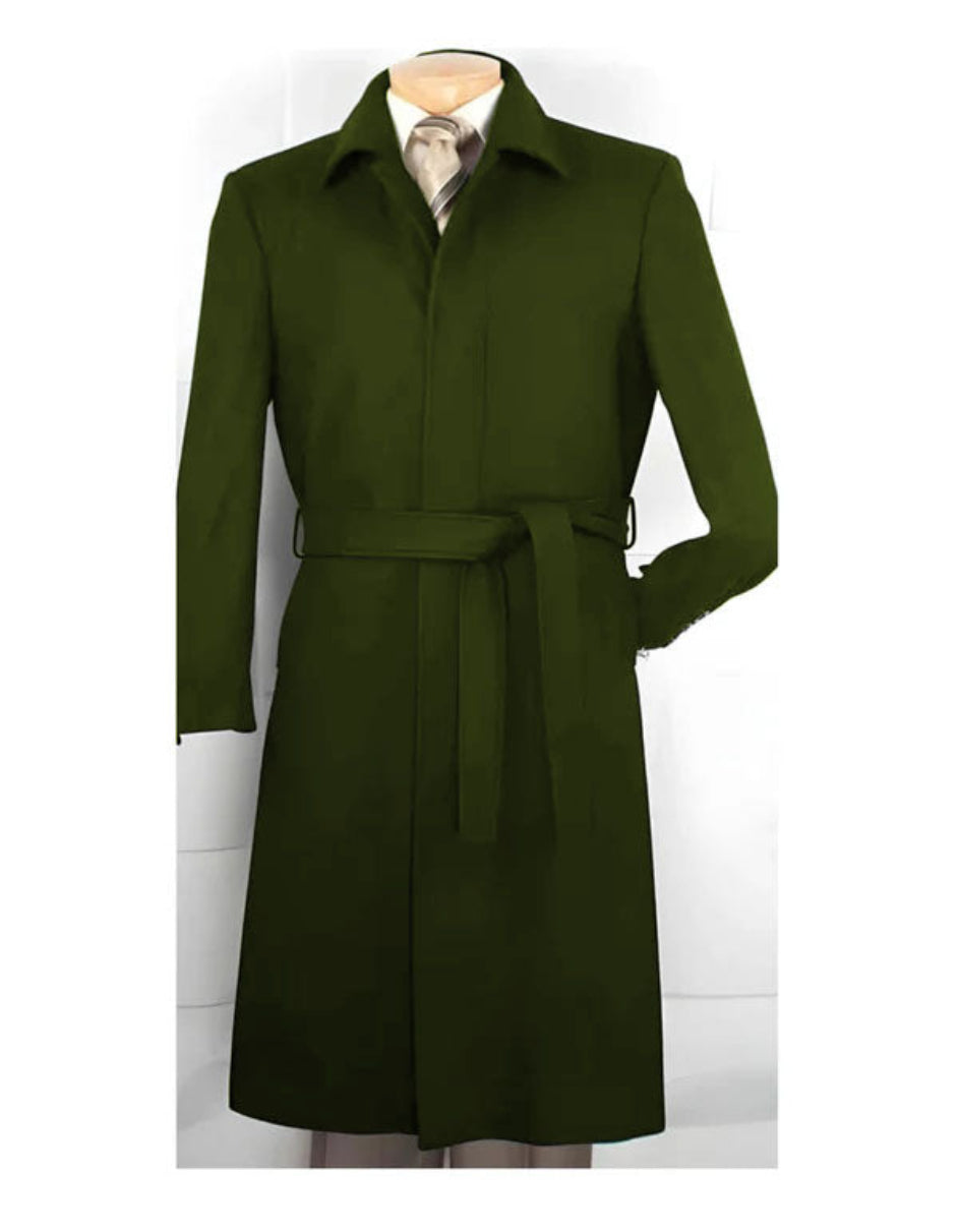 Mens Solid Olive Green 100% Wool Gabardine Belted Duster Overcoat 6   - from alligatorwarehouse.com