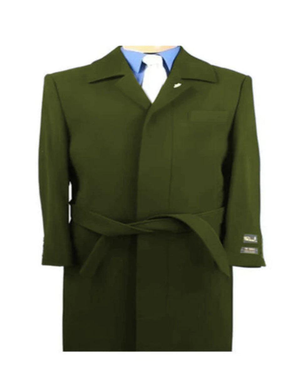 Mens Solid Olive Green 100% Wool Gabardine Belted Duster Overcoat 7   - from alligatorwarehouse.com