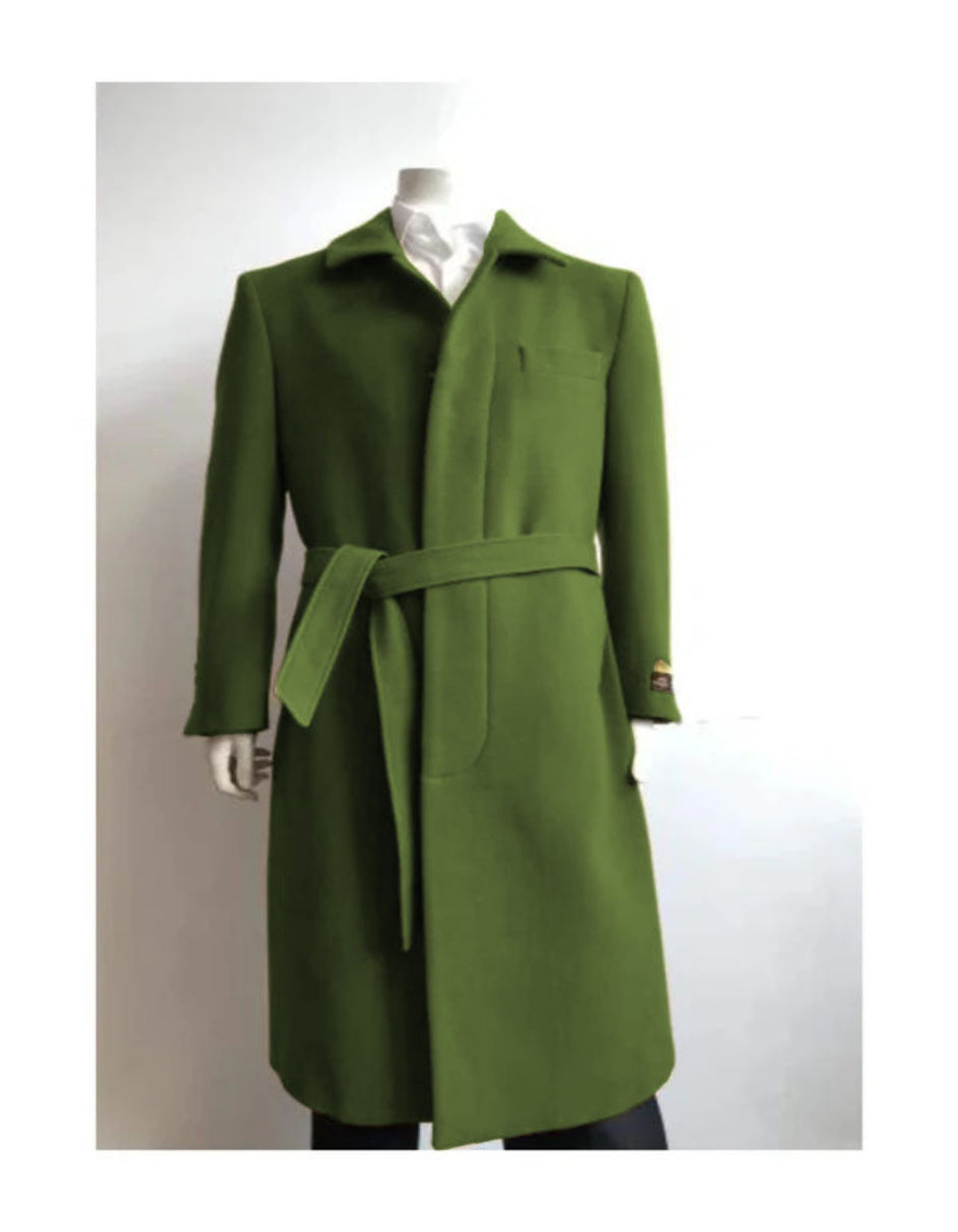 Mens Solid Olive Green 100% Wool Gabardine Belted Duster Overcoat 4   - from alligatorwarehouse.com