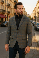 Mens Grey and Blue Glen Check Wool Blazer with Quilted Inner Layer