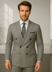 Wool Suit - Italian Made Business Suit by Statement Men's 2 Piece 100% Wool Double Breasted Suit - Pinstripe Pattern