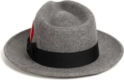 Gangster 100% Austrailian Wool Crushable Mens Fedora Hat - Removable Feather Gangster Grey Melange Mens Fedora Hat