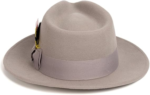 Gangster 100% Austrailian Wool Crushable Mens Fedora Hat - Removable Feather Gangster Light Grey Mens Fedora Hat