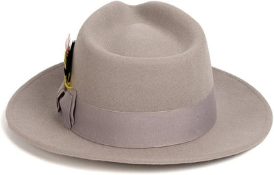 Gangster 100% Austrailian Wool Crushable Mens Fedora Hat - Removable Feather Gangster Light Grey Mens Fedora Hat