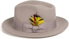 Gangster 100% Austrailian Wool Crushable Mens Fedora Hat - Removable Feather Gangster Light Grey Mens Fedora Hat