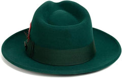 Gangster 100% Austrailian Wool Crushable Mens Fedora Hat - Removable Feather Gangster Hunter Green Mens Fedora Hat