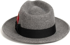 Gangster 100% Austrailian Wool Crushable Mens Fedora Hat - Removable Feather Gangster Grey Melange Mens Fedora Hat