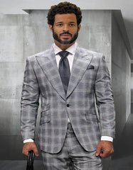 Men's Designer One Button Peak Lapel Wool Grey Windowpane Plaid Suit
