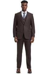 Men's Stacy Adams Vested One Button Wide Peak Lapel Windowpane Plaid Suit in Brown