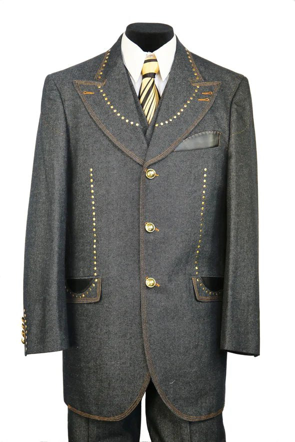 Denim Suit - Cotton Fabric Vested Suit - 3 Pieces Suit - Vested Peak lapel Fancy Suit
