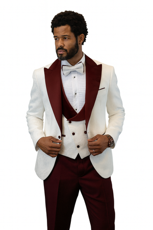 Hilton White and Burgundy Paisley Peak Lapel Tuxedo Jacket with Matching Shawl Vest and Wool Pants – Includes Bow Tie