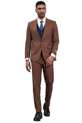 Men's Stacy Adams One Button Peak Lapel Vested Micro Check in Cognac Brown with a Navy Vest