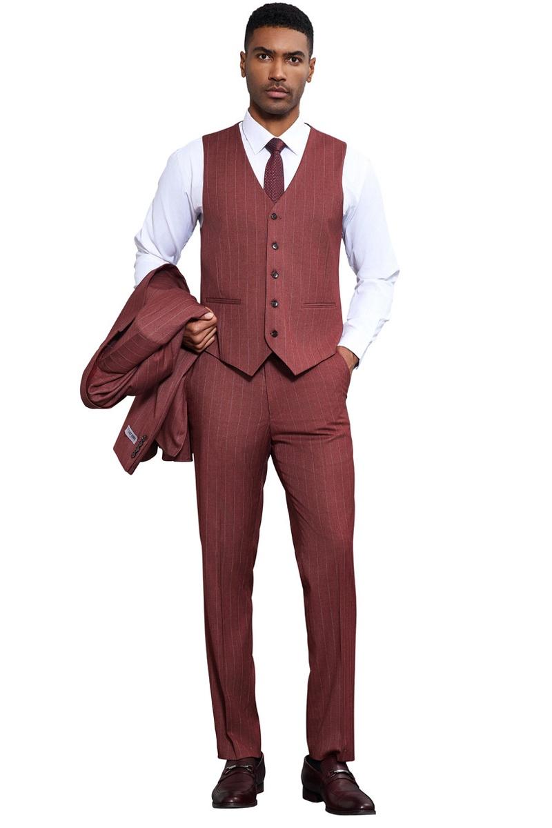 Men's Stacy Adams One Button Peak Lapel Vested Suit in Burgundy Pinstripe